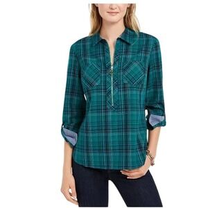Tommy Hilfiger Plaid Quarter Zip Shirt Womens S P Green Long Sleeve Roll Tab